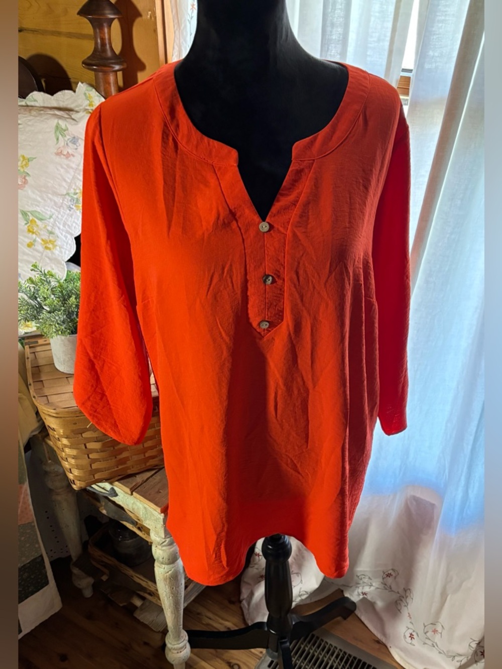 NAIF Split Neck Roll-Tab Sleeve Tunic Top Orange Lightweight Flowy Sz 1X